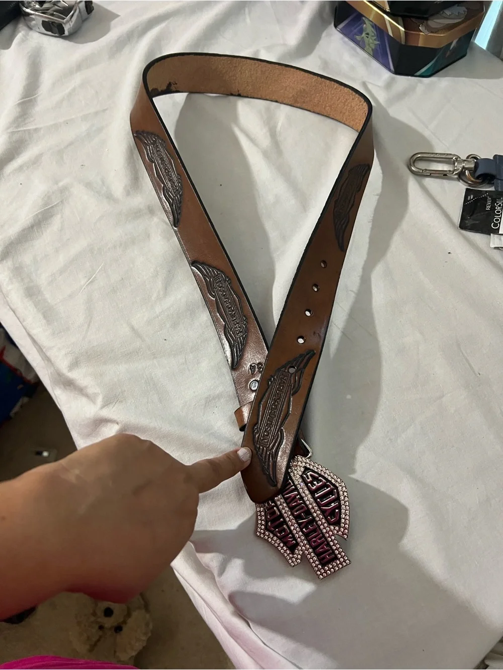 Harley-Davidson Brown Leather Belt with Crystal-Encrusted Shield Buckle